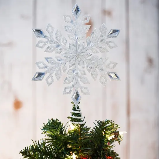 Ornativity Glitter Snowflake Tree Topper - White Sparkling Christmas Tree Decoration with Gem Design {2}