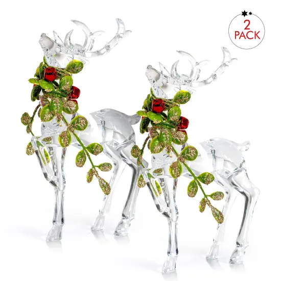 Ornativity Acrylic Christmas Reindeer Ornaments - Holiday Clear Party Deer Figurine Statues with Green Mistletoe and Red Berries Dinner Tabletop Decorations Centerpiece - Pack of 2 {2}