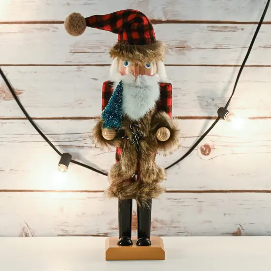 Ornativity Christmas Nostalgic Santa Nutcracker – Red and Black Wooden Nutcracker Man with Buffalo Plaid Coat with Brown Fur Holding a Xmas Tree Themed Holiday Nut Cracker Doll Figure Decorations {2}