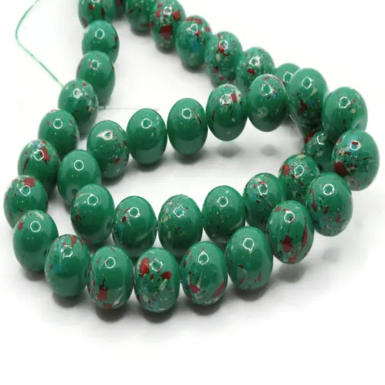 40 10mm Green and Red Splatter Paint Smooth Round Glass Beads {2}