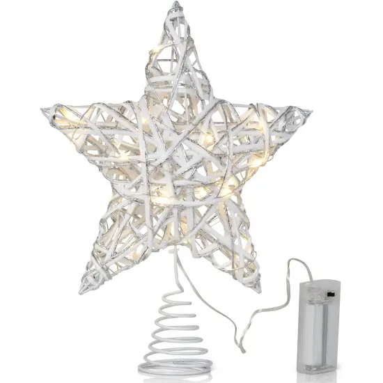 Ornativity Christmas Rattan Tree Topper &ndash; White and Silver Xmas Rustic Star LED Light Up Tree Topper Ornament Decoration {1}
