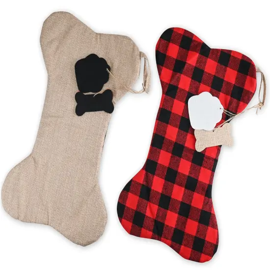 Ornativity Christmas Plaid Pet Stocking - Cute Buffalo Plaid Doggy Bone Paw Stockings for Puppy Dog Pets Set - Pack of 2 {2}