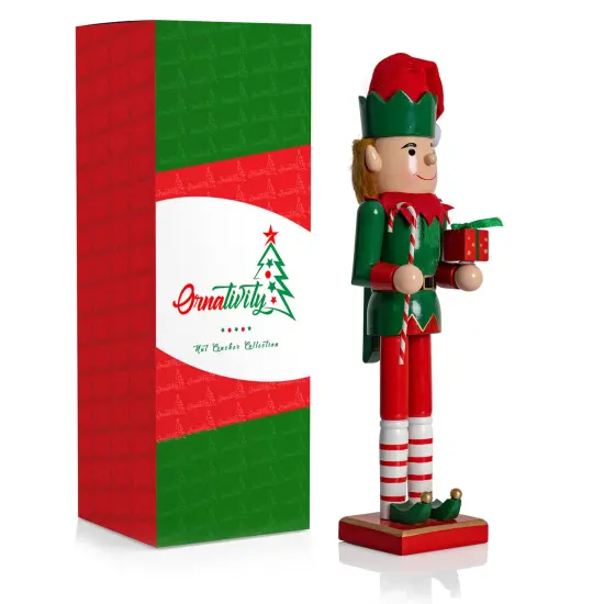 Ornativity Christmas Elf Holiday Nutcracker &ndash; Red and Green Wooden Elf with Candy Cane and Gift Box Xmas Themed Holiday Nut Cracker Doll Figure Toy Decorations {2}