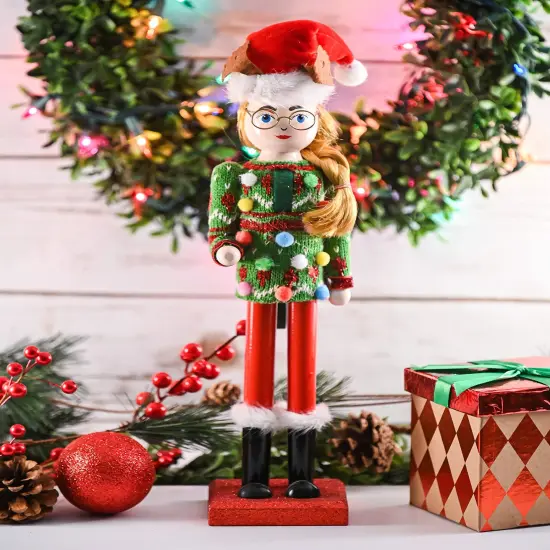 Ornativity Christmas Ugly Sweater Nutcracker &ndash; Red and Green Wooden Nutcracker Woman with an Ugly Sweater and Reindeer Hat Xmas Themed Holiday Nut Cracker Doll Figure Decorations {3}