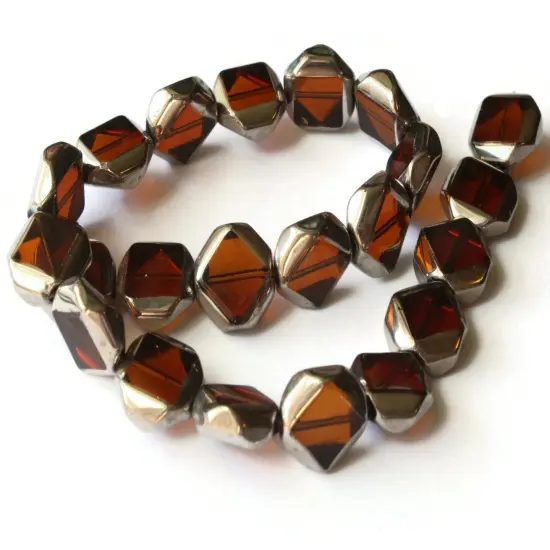 22 14mm Silver Rimmed Glass Brown Octagon Window Beads {1}