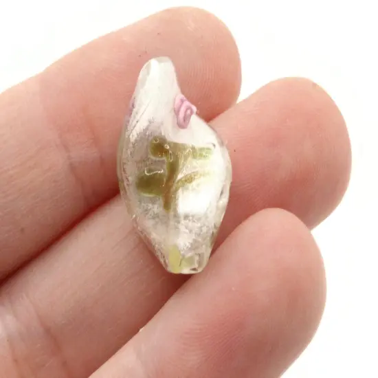 10 20mm White with Pink and Green Flower Lampwork Glass Flat Oval Twist Beads {3}