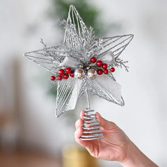 Ornativity Silver Star Tree Topper - Christmas Glitter Silver Star Holiday Tree Top Decoration with Silver Bells and Mistletoe and Red Berries {4}