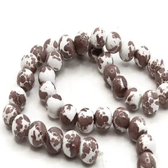 40 10mm Brown and White Splatter Paint Smooth Round Glass Beads {3}