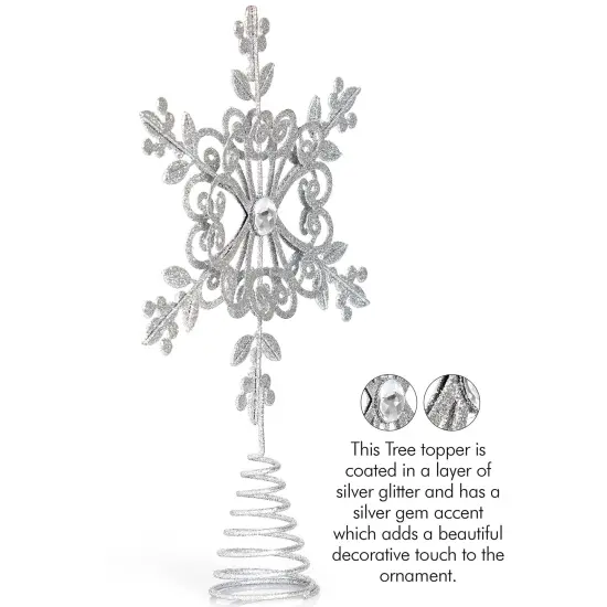 Ornativity Flower Snowflake Tree Topper – Silver Glitter Intricate Designed Floral Snowflake Shaped Ornament with Sparkling Gem Detailed Christmas Star Tree Top Decorations {2}