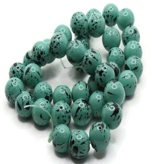 40 10mm Teal Green with Black Splatter Paint Smooth Round Glass Beads {1}