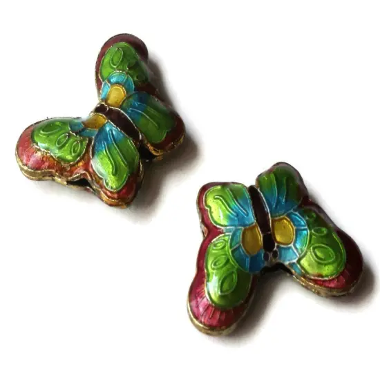 2 23mm Pink and Green Cloisonne Butterfly Beads Handmade Metal and Enamel Beads Moth Beads {6}