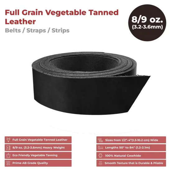 ELW Vegetable Tanned 8-9 oz. (3.2-3.6mm) Straps, Belts, Strips Length50" (127cm) - Full Grain Veg Tan Leather Cowhide Heavy DIY Craft - Holsters, Belt Blanks, Furniture, Stamping {2}