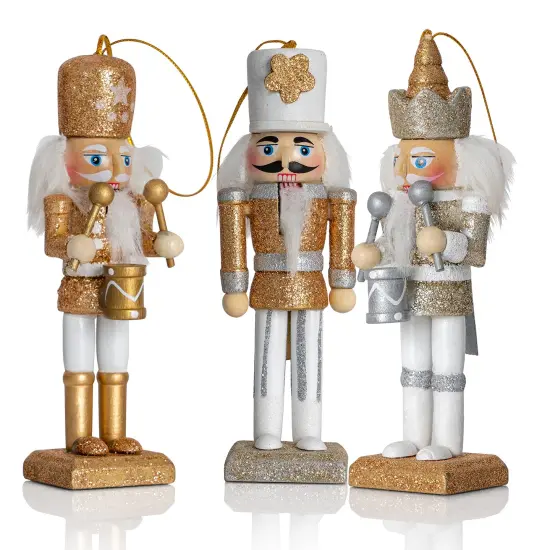 Ornativity Nutcracker Hanging Ornament Figures – Gold and Silver Glittered Christmas Mini Wooden King and Soldier Nutcrackers Xmas Tree Ornament Set – 5 Pieces {3}