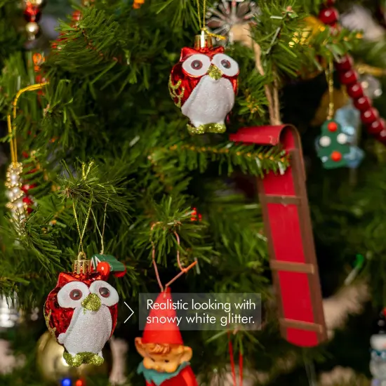 Ornativity Glitter Christmas Owl Ornaments - Snowy Glitter White and Red Animal Owls Christmas Tree Ornament Decorations - 4 Birds {5}
