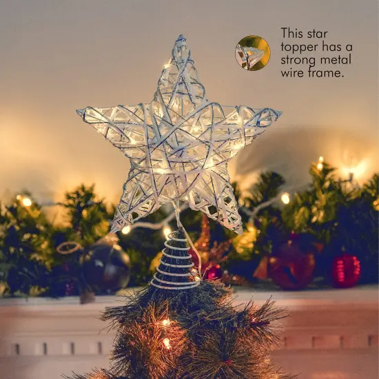 Ornativity Christmas Rattan Tree Topper &ndash; White and Silver Xmas Rustic Star LED Light Up Tree Topper Ornament Decoration {5}