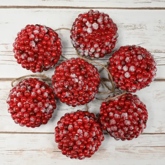Ornativity Frosted Red Berries Ornaments - Glittered White Snowflakes on Realistic Red Cranberry Berries Ball Ornament with Rustic Twine String Christmas Tree Decoration Set - Pack of 12 {5}