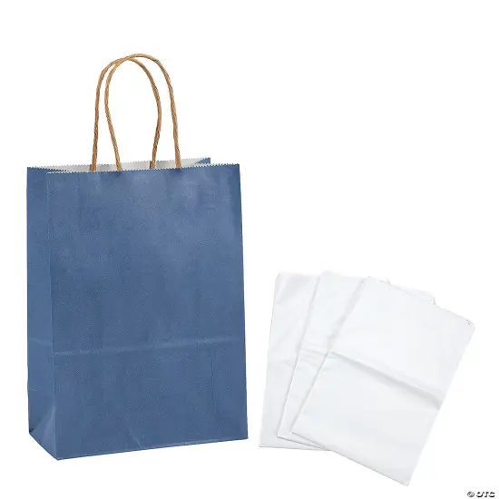 6 1/2" x 9" Medium Blue Kraft Paper Gift Bags & White Tissue Paper Kit for 12 {2}