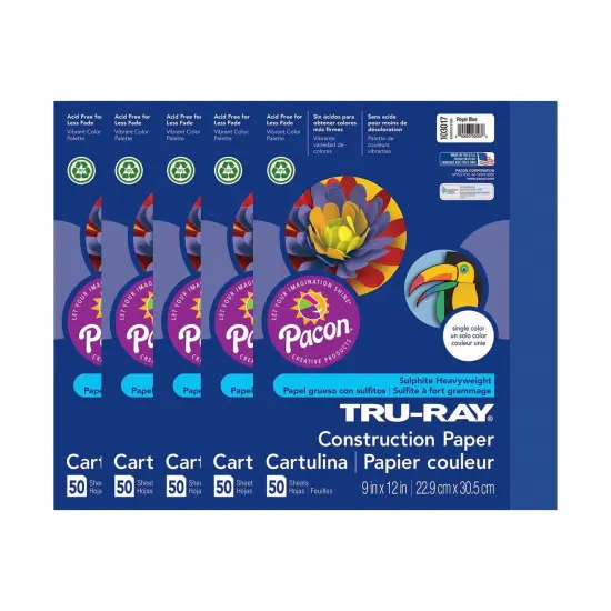 Construction Paper, Royal Blue, 9" x 12", 50 Sheets Per Pack, 5 Packs {1}