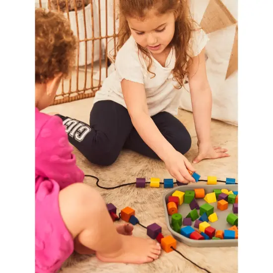 FunPlay Attribute Beads - 72 Wooden Lacing Beads + 2 Laces + 40 Activities + Messy Tray {6}