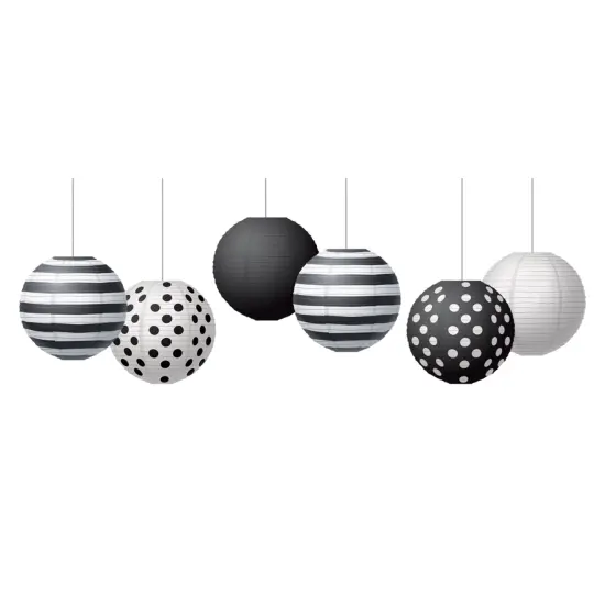Black & White 8" Hanging Paper Lanterns, 6 Per Pack, 3 Packs {2}