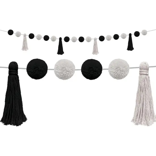Black and White Pom-Poms and Tassels Garland, Pack of 3 {2}