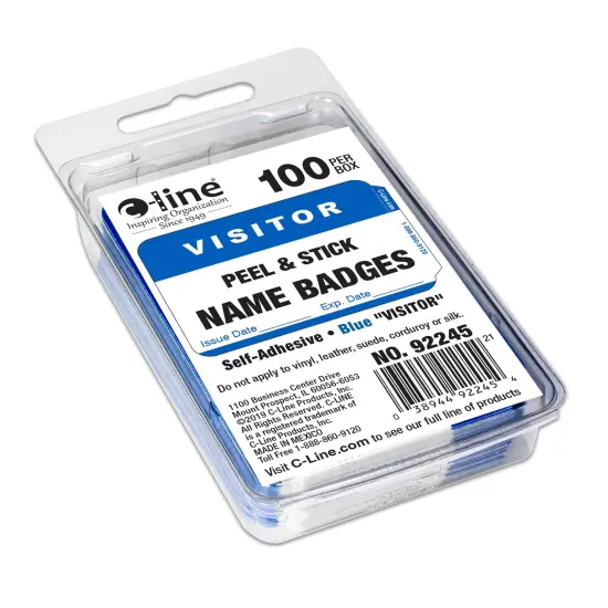 Pressure Sensitive Badges, Visitor, Blue, 3-1/2" x 2-1/4", 100 Per Pack, 5 Packs {3}