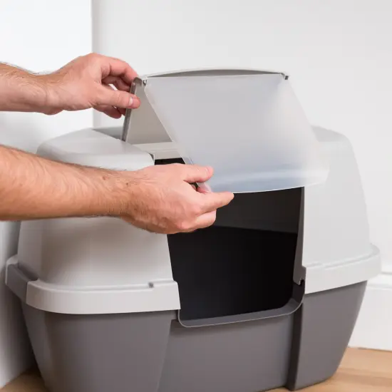 IRIS USA Large Hooded Corner Cat Litter Box with Scoop Dark Gray {5}