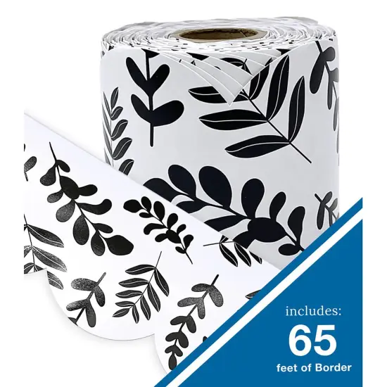 White with Black Leaves Rolled Scalloped Borders, 65 Feet Per Roll, Pack of 3 {3}