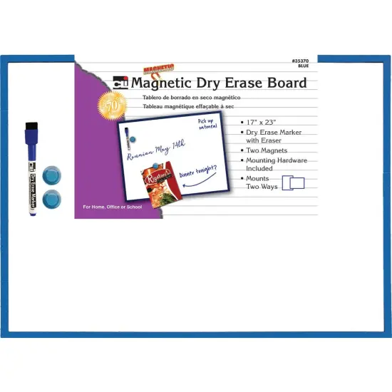 Magnetic Dry Erase Board, 17" x 23", w/Eraser/Marker and 2 Magnets, Blue Frame, 1 Each {1}