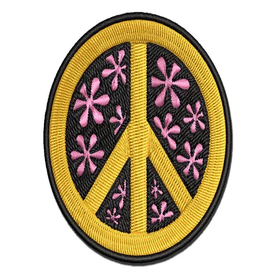 Peace Sign With Flowers Multi-Color Embroidered Iron-On or Hook & Loop Patch Applique {1}