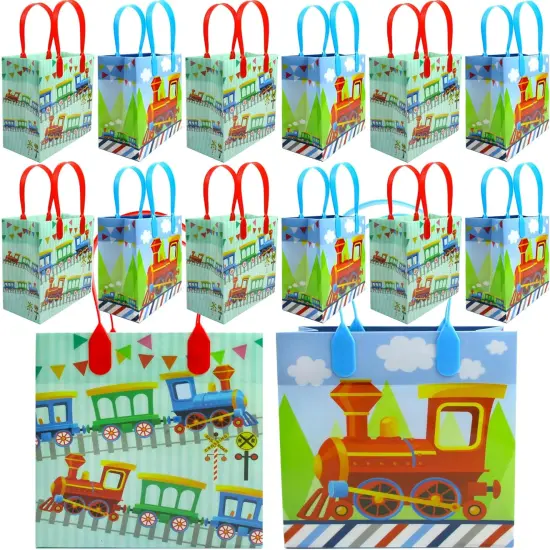 TINYMILLS Train Party Favor Bags Treat Bags Kids Birthday Party Goody Bags with Handles for Boys Girls, 12 Pack {1}
