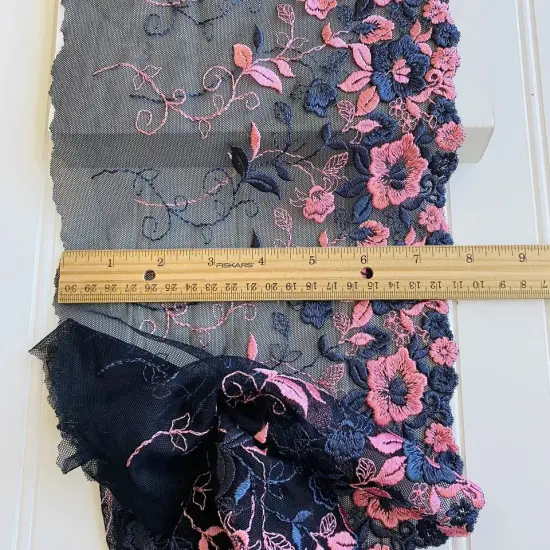 Kitcheniva 7.5" Wide Pink & Dark Grey Floral Embroidered Lace Trim {3}