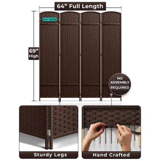 Sorbus 4 Panel Room Divider Panel, 6 ft. Tall Extra Wide Double Hinged Panels - Folding Privacy Screens Chocolate {5}