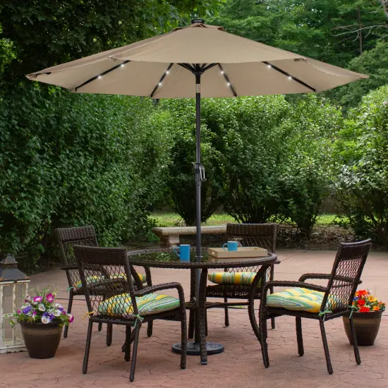 Northlight 9ft Solar Lighted Outdoor Patio Market Umbrella with Hand Crank and Tilt, Taupe Beige {5}