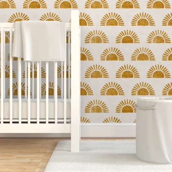 Pre-Pasted Wallpaper 2FT Wide Boho Block Print Sun Sunshine In Golden Orange Custom Pre-pasted Wallpaper by Spoonflower {7}