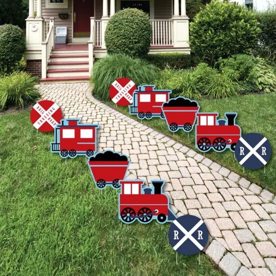 Big Dot of Happiness Railroad Party Crossing - Train Lawn Decorations - Outdoor Steam Train Birthday Party or Baby Shower Yard Decorations - 10 Piece {1}