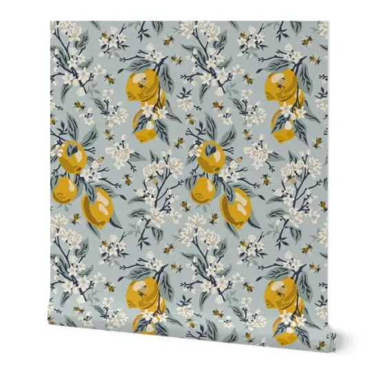 Pre-Pasted Wallpaper 2FT Wide Lemons And Honeybees Modern Farmhouse Citrus Grove Pollinators Bees Mustard Yellow White Aqua Blue Custom Pre-pasted Wallpaper by Spoonflower {4}