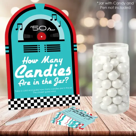 Big Dot of Happiness 50&rsquo;s Sock Hop - How Many Candies 1950s Rock N Roll Party Game - 1 Stand and 40 Cards - Candy Guessing Game {3}