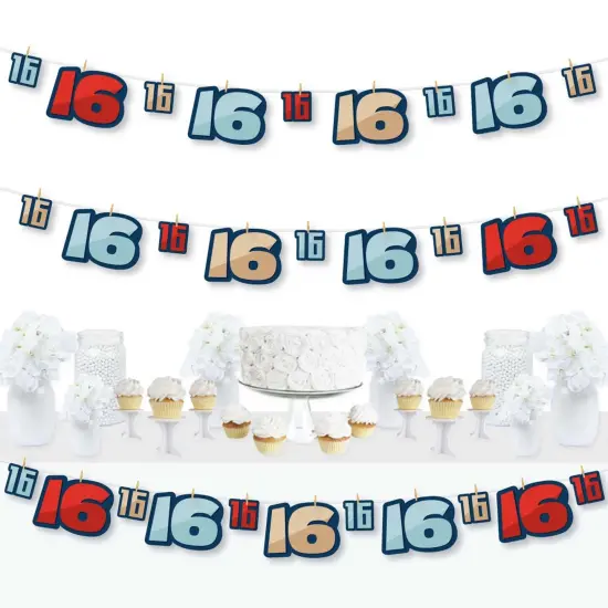 Big Dot of Happiness Boy 16th Birthday - Sweet Sixteen Birthday Party DIY Decorations - Clothespin Garland Banner - 44 Pieces {1}