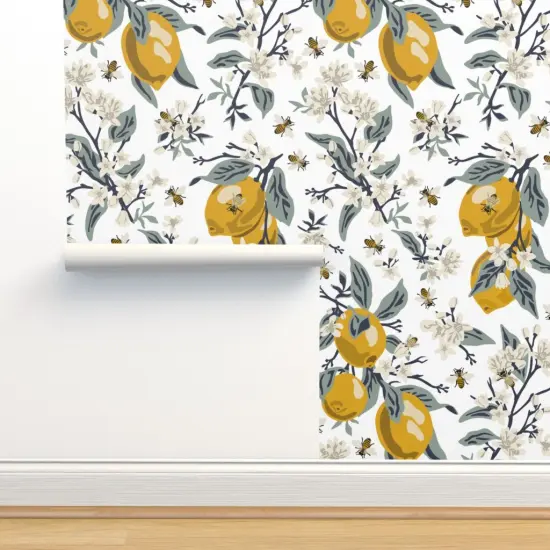 Pre-Pasted Wallpaper 2FT Wide Honey Bees Citrus Floral Mustard Yellow Transitional Style Modern Farmhouse Custom Pre-pasted Wallpaper by Spoonflower {2}