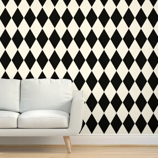 Peel & Stick Wallpaper 2FT Wide Diamonds Cosmic Latte Black Large Cream Geometric Squares White Checkered Custom Removable Wallpaper by Spoonflower {5}