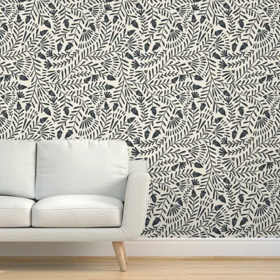 Pre-Pasted Wallpaper 2FT Wide Folk Vines Floral Beige Deep Navy Simple Nature Botanical Farmhouse Custom Pre-pasted Wallpaper by Spoonflower {5}