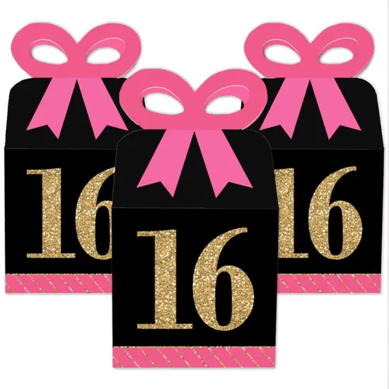 Big Dot of Happiness Chic 16th Birthday - Pink, Black and Gold - Square Favor Gift Boxes - Birthday Party Bow Boxes - Set of 12 {3}