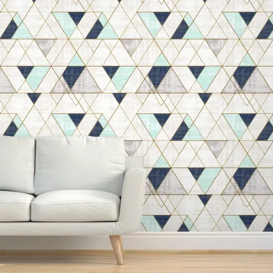 Pre-Pasted Wallpaper 2FT Wide Vintage Navy Mint Geo Blue Green Custom Pre-pasted Wallpaper by Spoonflower {5}