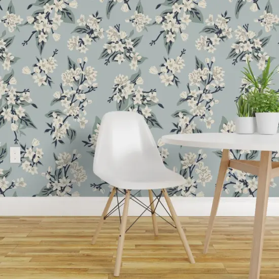 Pre-Pasted Wallpaper 2FT Wide Vintage Blue Flowers Dusty Pretty Traditional Delicate Pastel Farmhouse Transitional Lemon Custom Pre-pasted Wallpaper by Spoonflower {1}