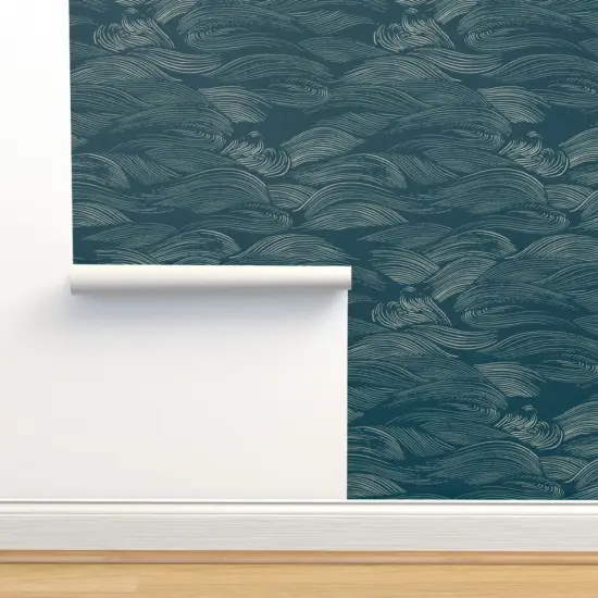 Peel & Stick Wallpaper 2FT Wide Blue Waves Abstract Water Sea Ocean Marine Teal Custom Removable Wallpaper by Spoonflower {2}