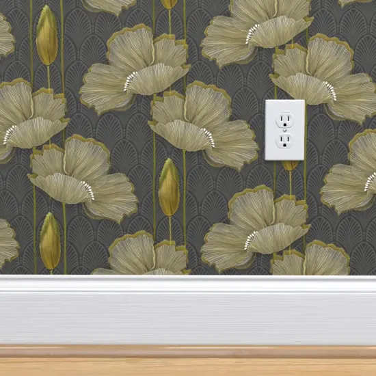 Peel & Stick Wallpaper 2FT Wide Art Decor Poppy Vintage 1920S Poppies Yellow Grey Antique Floral Botanical Custom Removable Wallpaper by Spoonflower {4}