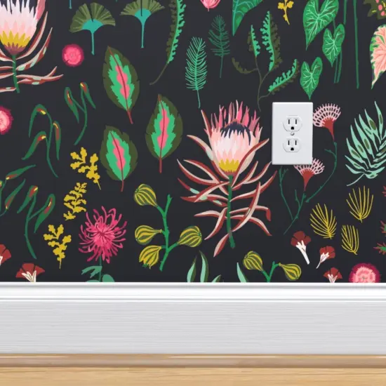 Peel & Stick Wallpaper 2FT Wide Leaf Floral Study Dark Large Flowers Botanical Tropical Black Nature Custom Removable Wallpaper by Spoonflower {4}