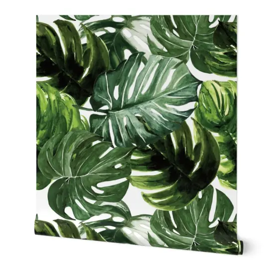 Peel & Stick Wallpaper 2FT Wide Large Scale Monstera Leaves Tropical Rainforest Jungle Green Leaf Custom Removable Wallpaper by Spoonflower {7}