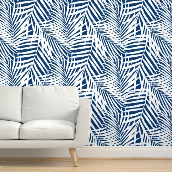 Peel & Stick Wallpaper 2FT Wide Silhouette Navy Palm Summer Tropical Blue And White Coastal Fronds Leaf Custom Removable Wallpaper by Spoonflower {5}